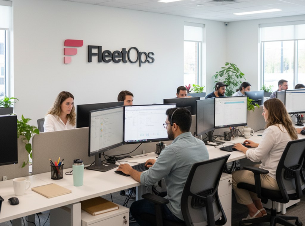 The FleetOps office - eight people working at desks in an open-plan room, the FleetOps mark on the wall behind them